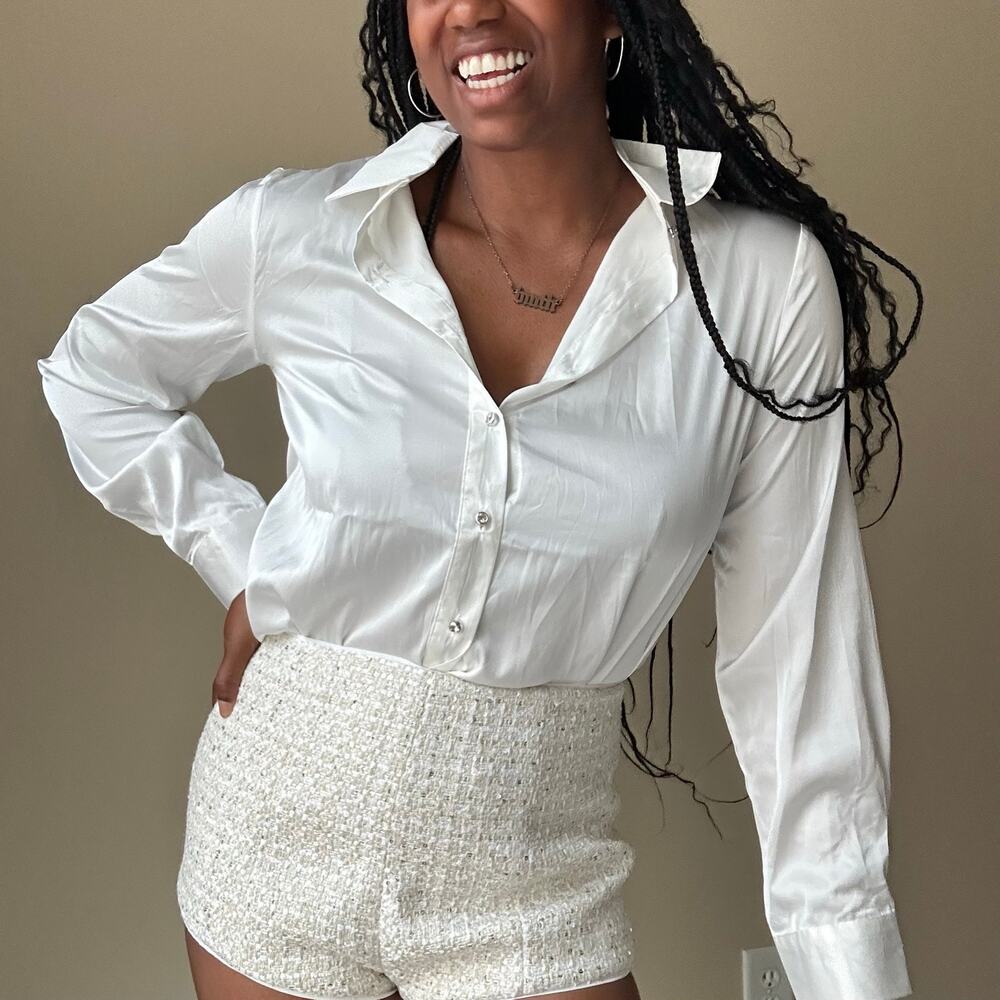 N Degree 1 Los Angeles White Silky Collared Top Size Small